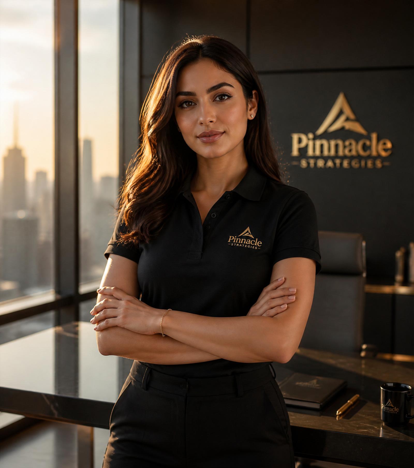 Ejecutiva vistiendo ropa corporativa premium BRANDIQ en oficina moderna
